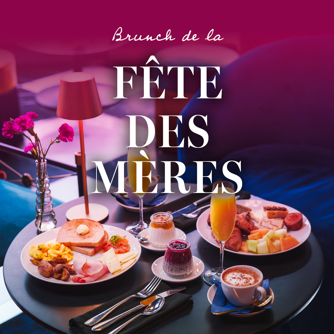 Brunch de la fête des mères au Bijou : table élégamment dressée avec viennoiseries, œufs brouillés, fruits, tartines, desserts et boissons (jus et café), dans une ambiance chaleureuse et colorée.